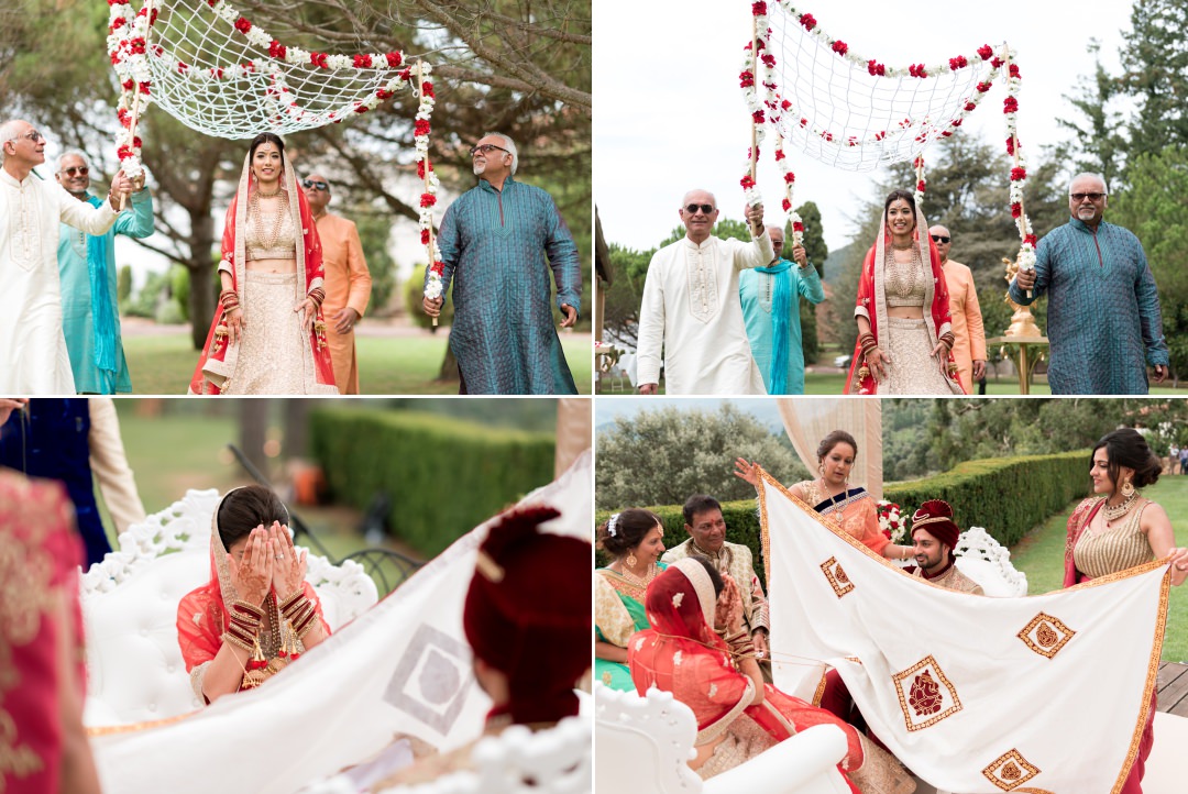 bride entering mandap outdoor Spain wedding 